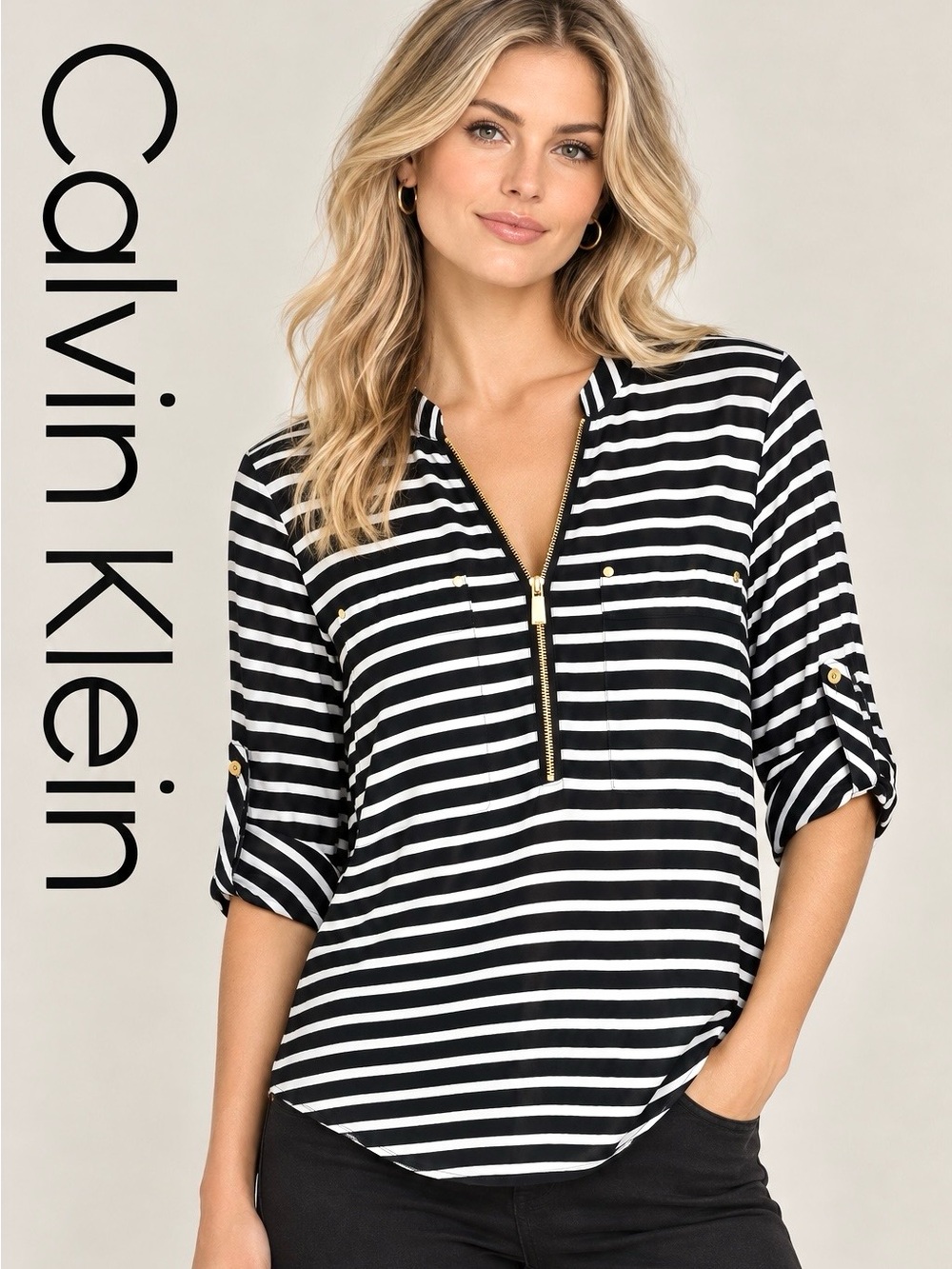 Calvin Klein Black & White Striped Zip-Front Shirt